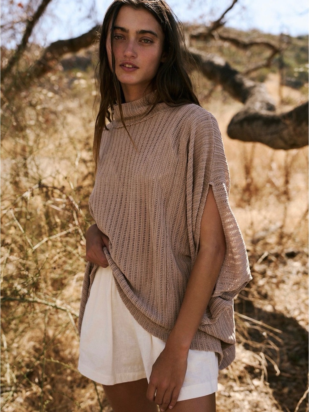 Free People Taupe Open-Sleeve Knit Poncho